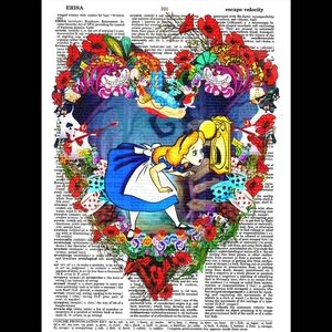 Alice in Wonderland Crew Poppy Heart Cheshire Cat Vintage Dictionary Art